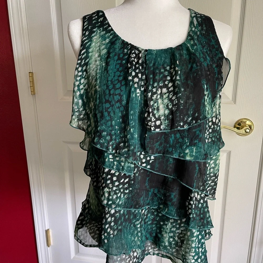Dressbarn Green and Black Tiered Ruffled Blouse - Picture 1 of 9